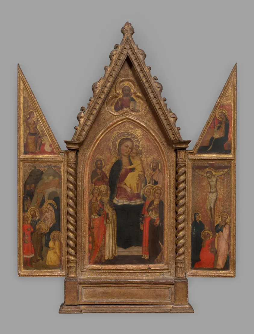 A triptych: central panel: The Madonna and Child Enthroned, with saints and God the Father; the wings: The Annunciation; The Nativity; and The Crucifixion by Niccolò di Tommaso