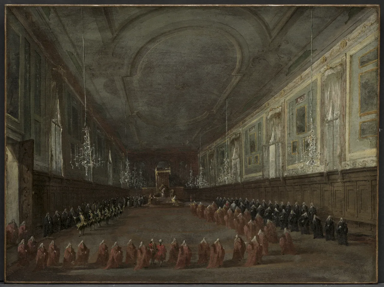 Pope Pius VI Descending the Throne to Take Leave of the Doge in the Hall of Saints Giovanni e Paolo, 1782 by Francesco Guardi