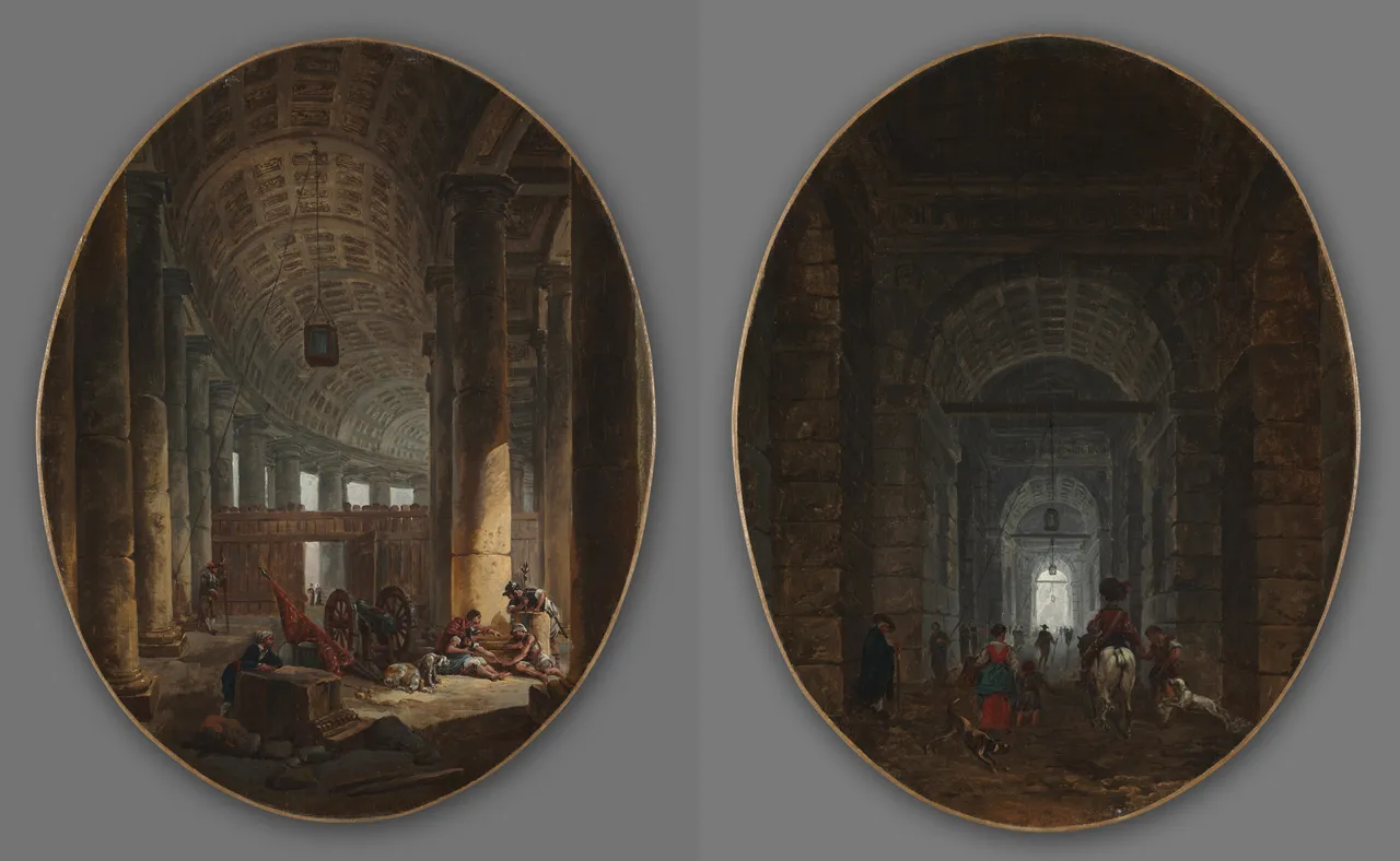 Pair of Paintings: The Colonnade of Saint Peter's, Rome, during the Conclave and The Grotto of Posillipo by Hubert Robert